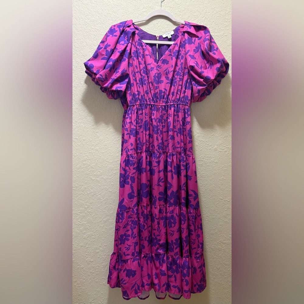 Umgee Fuchsia and Purple Floral Puff-Sleeve Midi Dress, Size M
